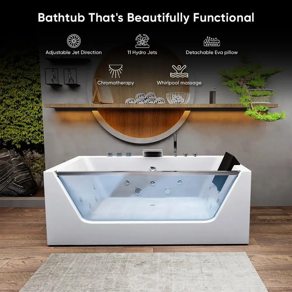 60 Inch Acrylic Freestanding Whirlpool Hot Tub Modern Soaking Bathtub with Central Drainage and Color Therapy  Bathroom Fixture 3