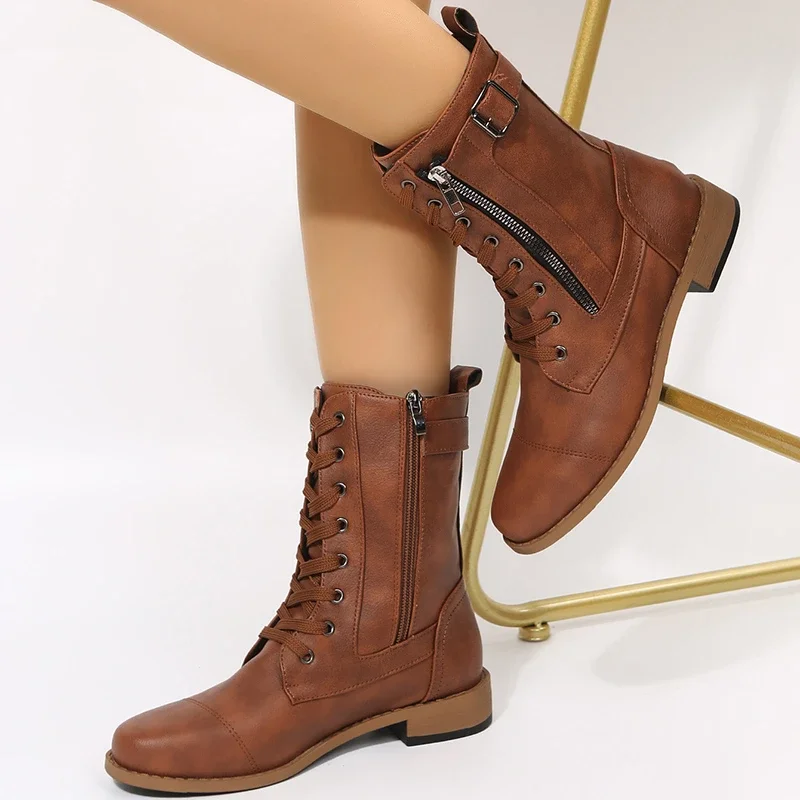Ladies Shoes on Sale 2023 New Belt Buckle Women's Boots Fashion Solid Daily Boots Women Zip Round Toe Shoes for Women Mid-Calf