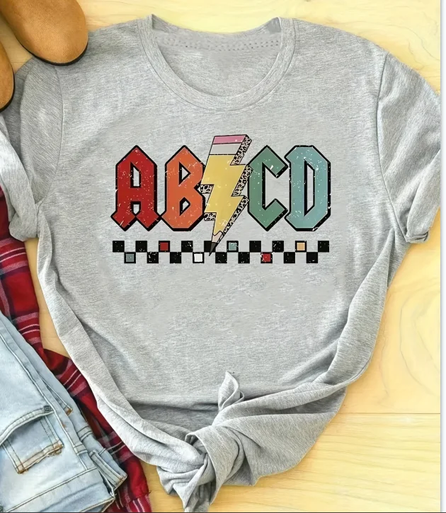 

1234ABCD Letter & Graphic Print Crew Neck T-shirt, Casual Short Sleeve Top For Spring & Summer, Women's Clothing