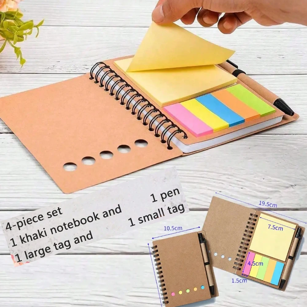 1 Set Spiral Notebook-Pocket Notepad with Pen Loop, Sticky Notes & Index Tabs, 4.1x5.3' Brown Paper Cover, Portable Lined Journa - 3