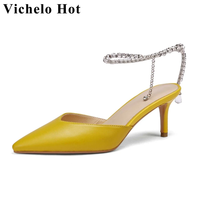 

Vichelo Hot 2022 Summer New Arrival Genuine Leather Pointed Toe Thin High Heel Rhinestone Decoration Fairy Style Women Pumps L85