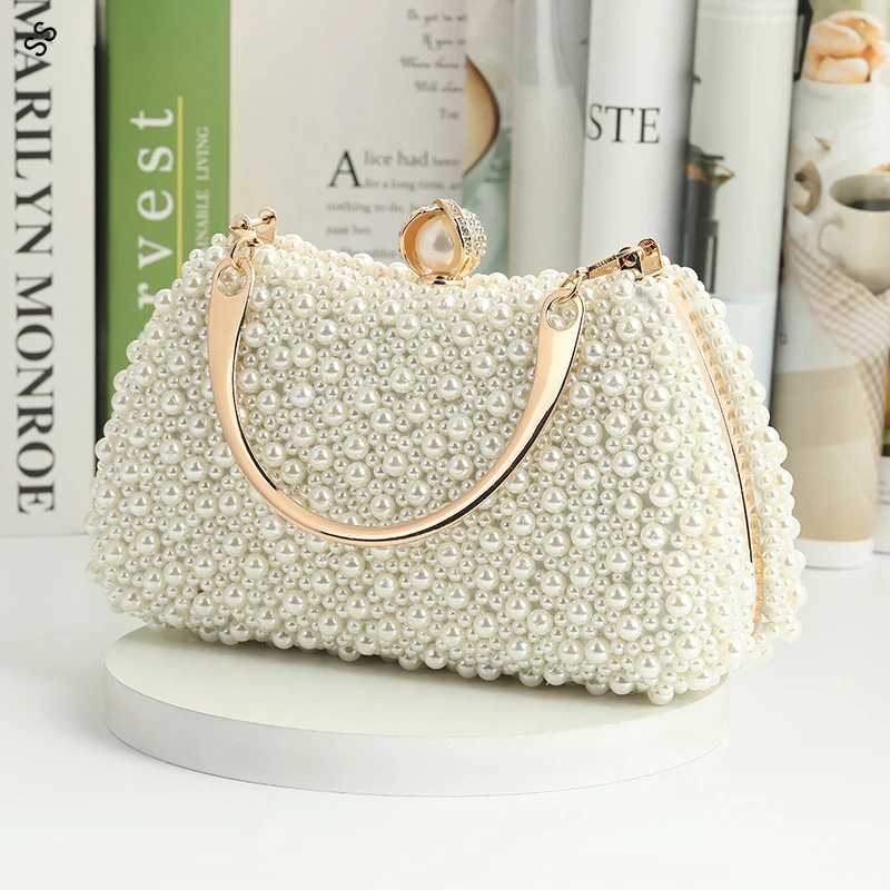 Handmade Pearl Beads Bags for Women, Fashionable Handbags for Wedding Party, Free Shipping, 22*12*9 cm