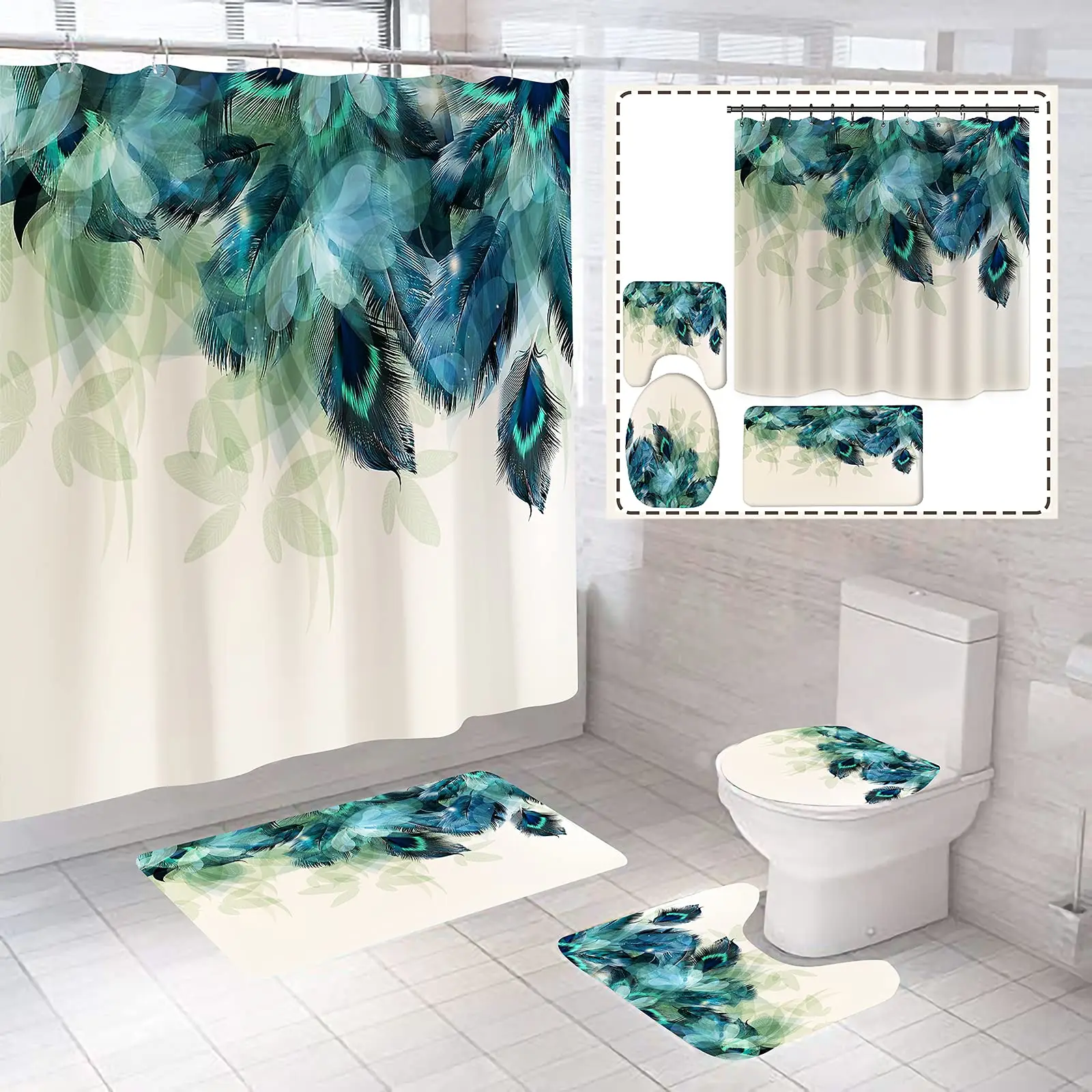 

Watercolor Peacock Feather Shower Curtain Set with Rugs Toilet Lid Cover Carpet Bath Mat Bathroom Shower Curtains Set Home Decor