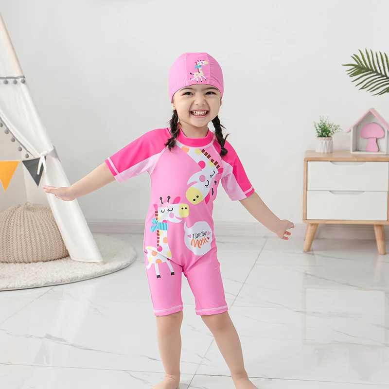 

Children's Swimsuit Pink Cute Giraffe Bunny Print One Piece Girls Swimwear With Hat Beach Summer Baby 2~8 Years Kids Beachwear