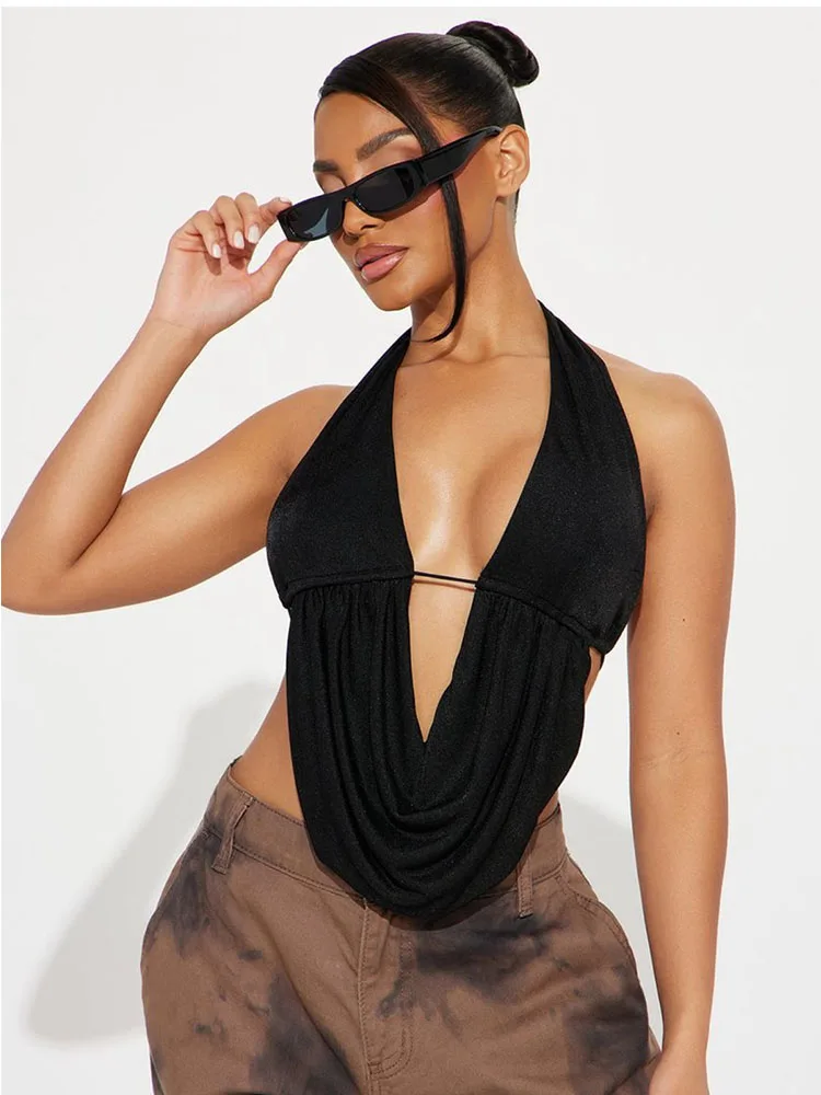 Luckinbaby Women Cowl Neck Tank Top Open Back Draped Front Plunge Halter Top Sleeveless Y2k Going Out Tops(Backless Black,S) At Women's Clothing Store