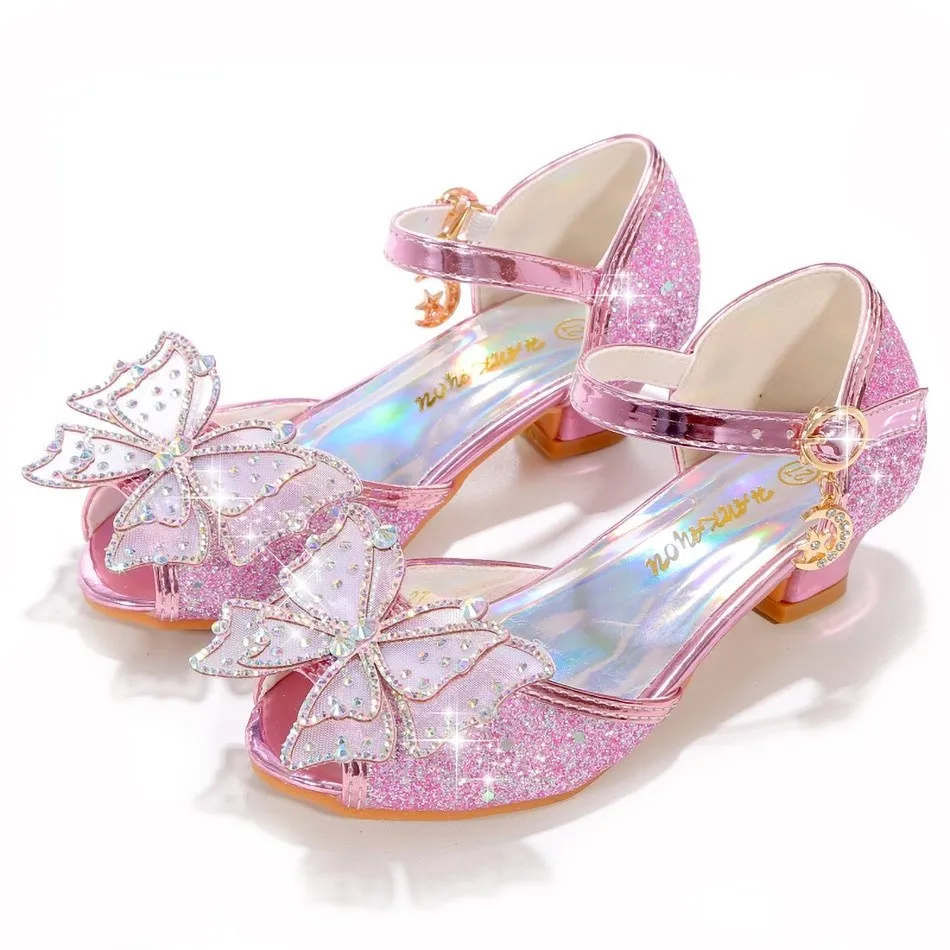 slippers for boy High-heeled Sandals Bling Pinkycolor Shoes Princess Elsa Mermaid Girl Color Shoes Kids Butterfly Shoes Flower Girl Shoes leather girl in boots Children's Shoes