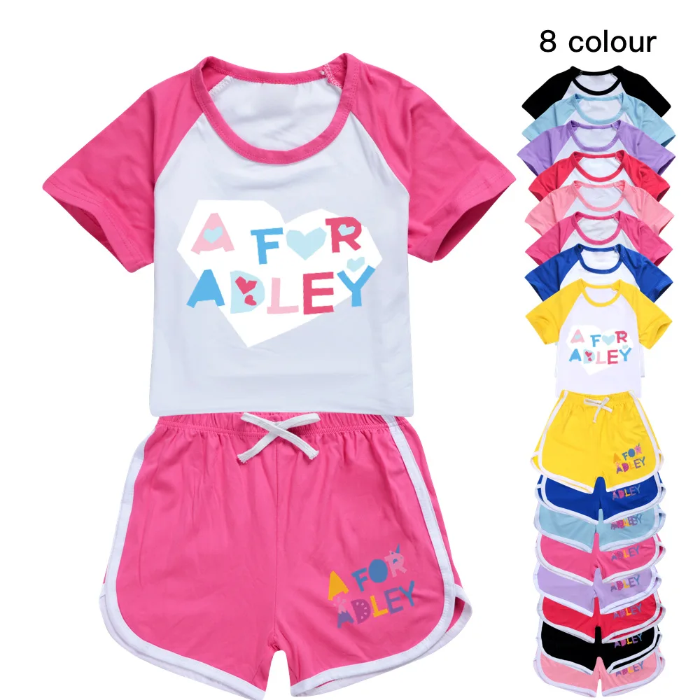 

2023 Summer Girls Clothes Cute A FOR ADLEY Short Sleeve T-shirt Tops + Shorts 2Pcs Outfits Set Cotton Children Kids Boy Clothing