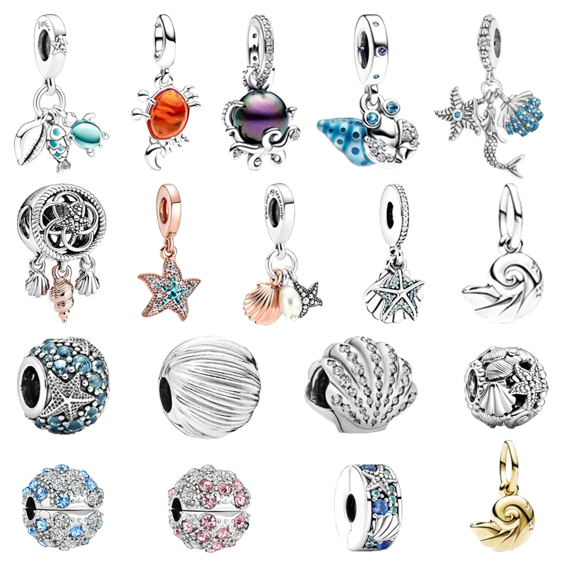 Fine Hermit Crab Pendant Openwork Starfish Shells & Hearts Charm Beads 925 Silver Pandora Bracelet DIY Jewelry Gift Charm Jewelry Beads Charms