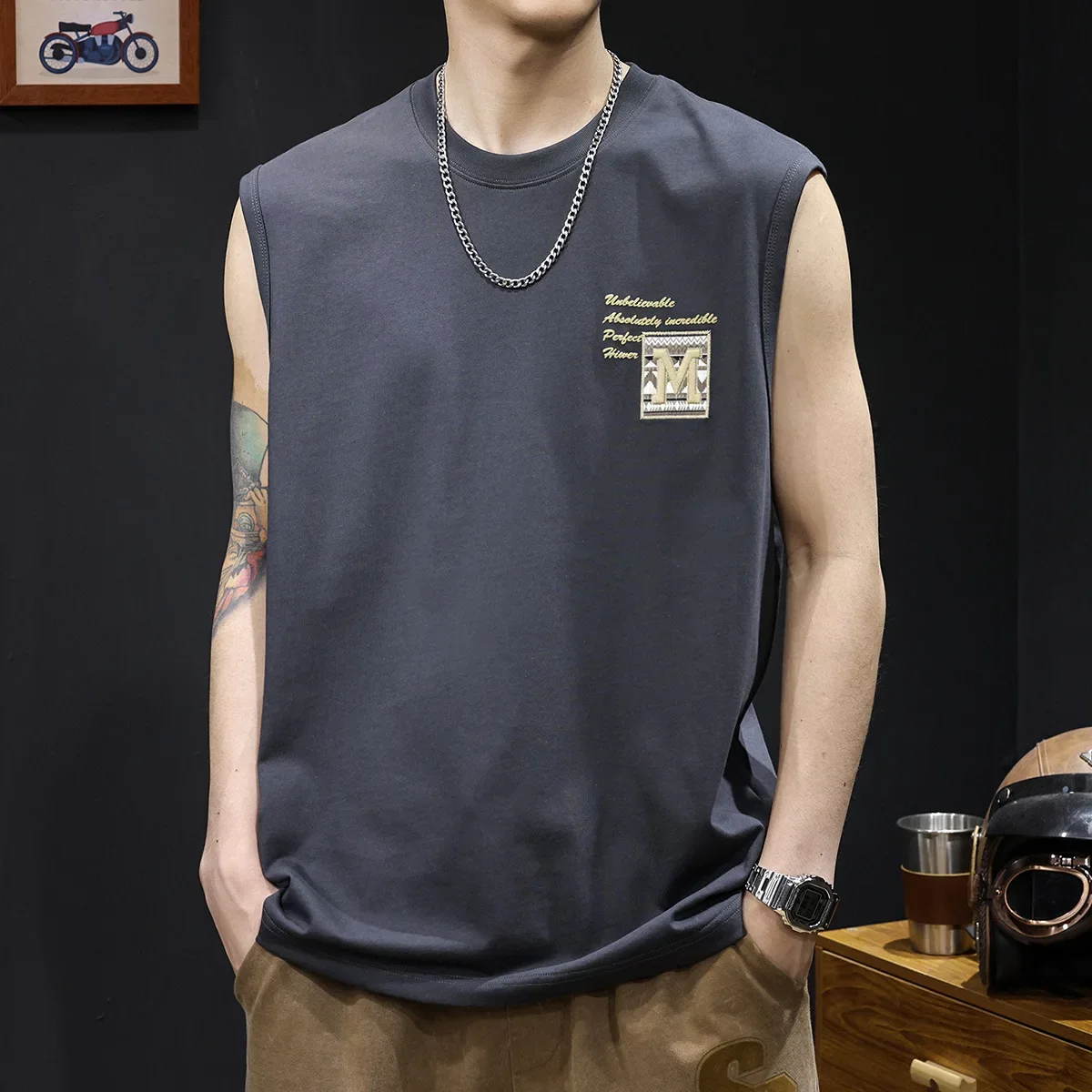 Summer Loose-Fit Men's Sports Fitness Basketball Vest Plus Size Trendy Brand T-Shirt Motorcycle Rider's Jacket Without Sleeves
