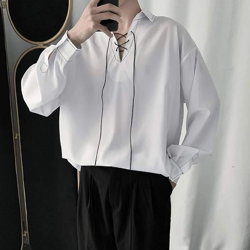 Summer Men Blouse 2022 New Black White Brief Drawstring Bright Line Decoration Korean Clothing Fashion Work Long Sleeve T Shirts