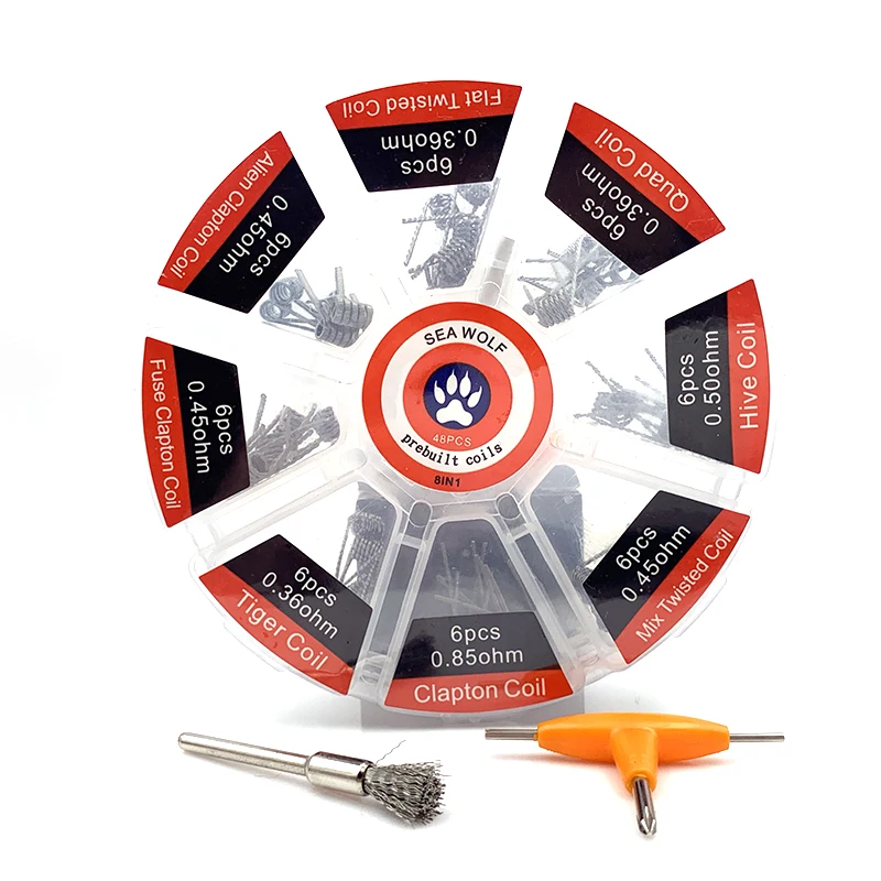 

Seawolf 8 In 1 Prebuilt Coil Clapton Wicks Mini Brush and T Screwdriver for RDA DIY Prebuild Coils Wire RBA Bacon Cotton