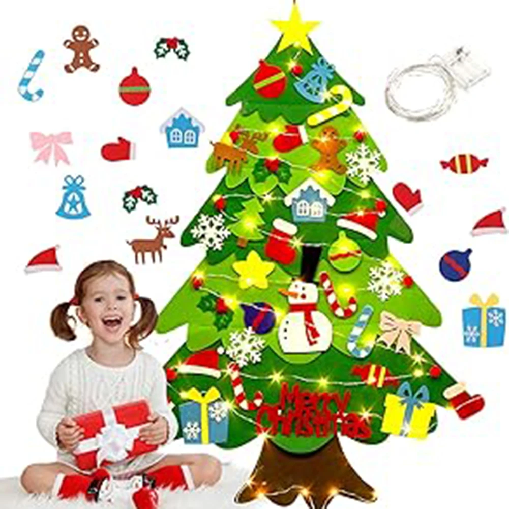 

Felt Christmas Tree With 32 Xmas Ornaments String Light DIY Felt Tree Set Home Decorations Christmas Gifts For Kids Toddler