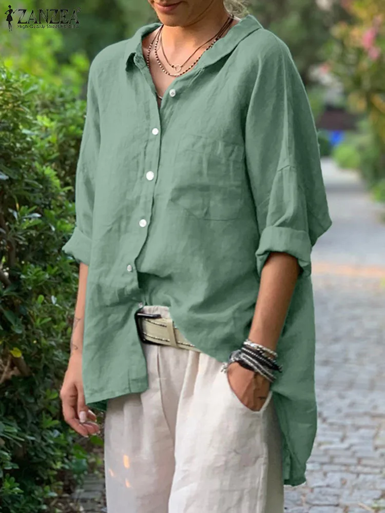 

Рубашка ZANZEA женская оверсайз с воротником с лацканами и рукавом 3/4, однотонная блузка для работы, Повседневная Свободная Хлопковая сорочка, осенняя блузка