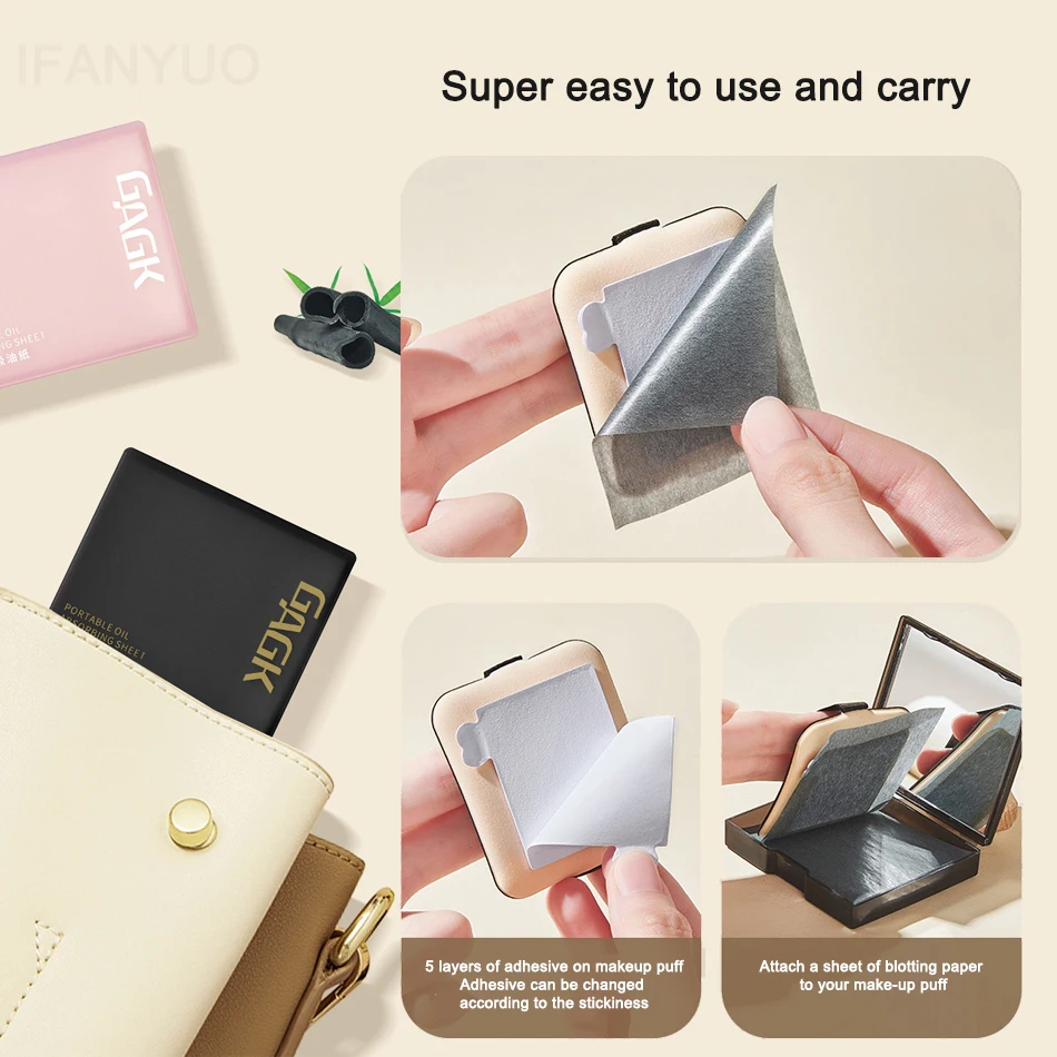 Facial Oil Control Special Blotting Paper Convenient Bamboo Charcoal Oil Absorption Refreshing with Mirror Puff Blotting Sheets