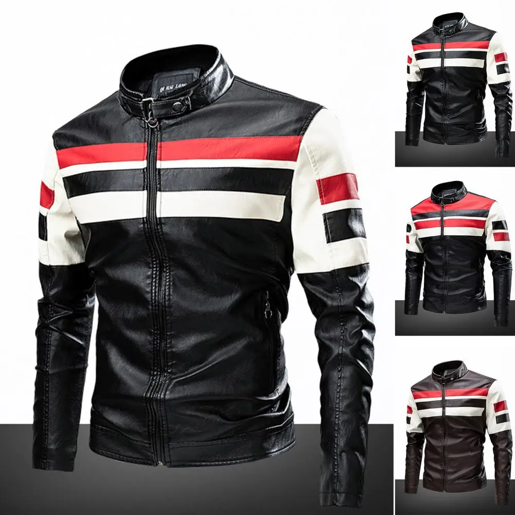 

Men Casual Biker Leather Jacket Coat Color Block Long Sleeve Pockets Stand Collar Contrast Color Zipper Coat Vintage Outwear