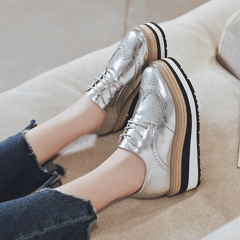 Women's Shoes Platform Oxfords Casual Female Sneakers Increas Height Flats British Style Clogs Leather Dress Preppy New Cross Cr 5