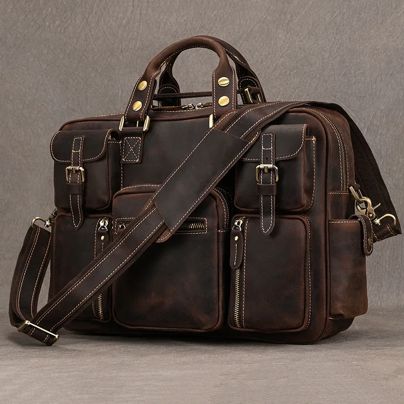 Vintage Crazy Horse Leather Travel Tote Men's Business Briefcase