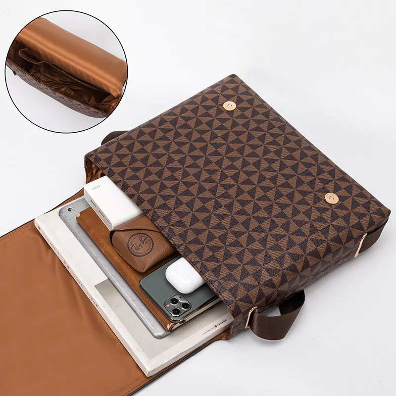 Men's Flap Shoulder Bag Fashion Men's Crossbody Bag Horizontal Casual Computer Briefcase Print Plaid Business Bag
