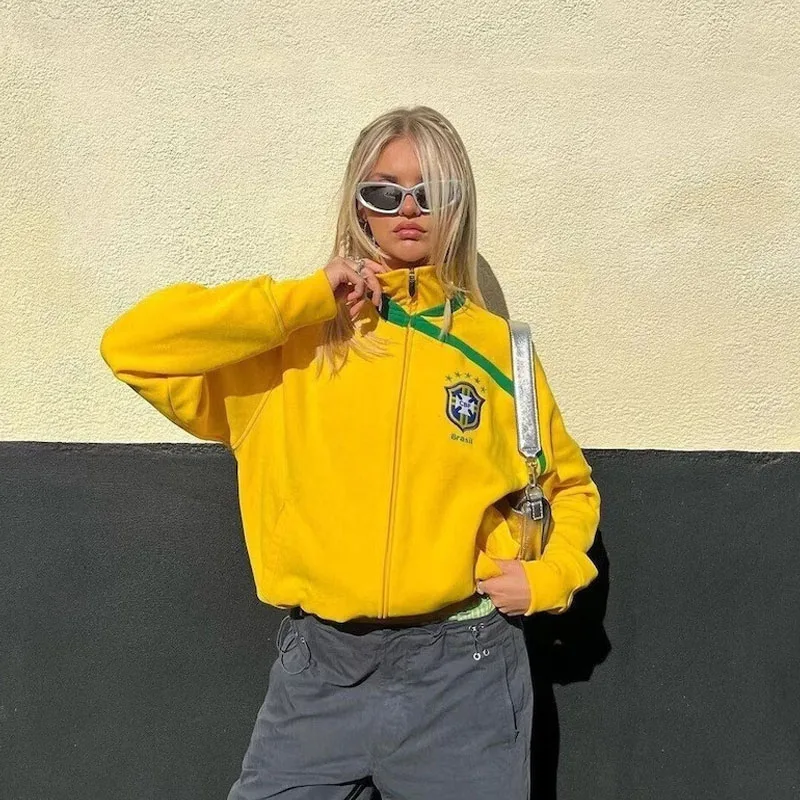 Retro Grunge Gothic Jacket Letter Embroidery Graphic 2000s High Street Y2K Aesthetic Vintage Zip Up New Coat Yellow Sweatshirts