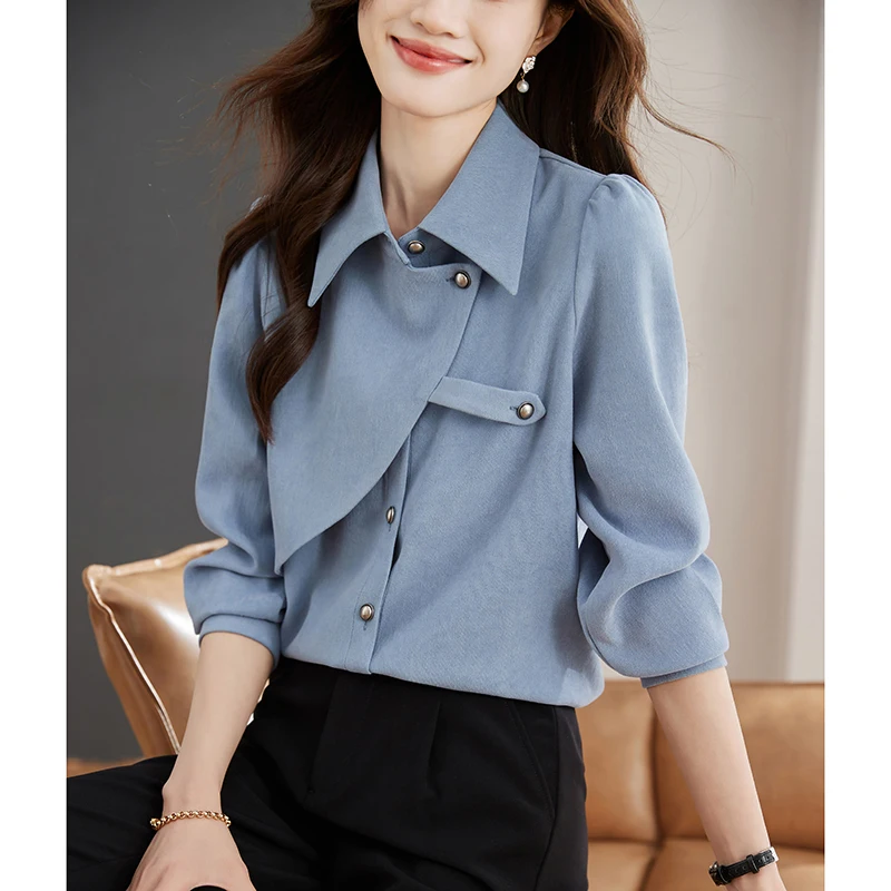 

2024 Spring/Summer/Autumn New Korean Edition Versatile Loose Irregular Long Sleeve Matte Shirt T-shirt Commuter Women's Wear