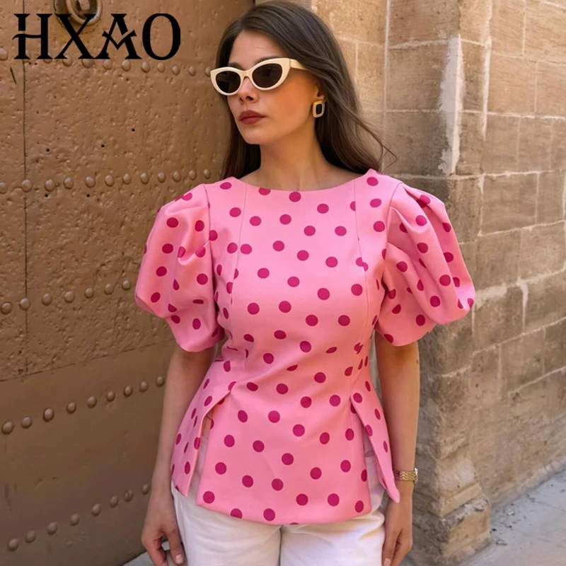HXAO Rosa gepunktetes Crop-Shirt Damenbluse Sommer 2026 Süße Puffärmel Rundhals Slim Top Damen Schicke Urlaubsbluse