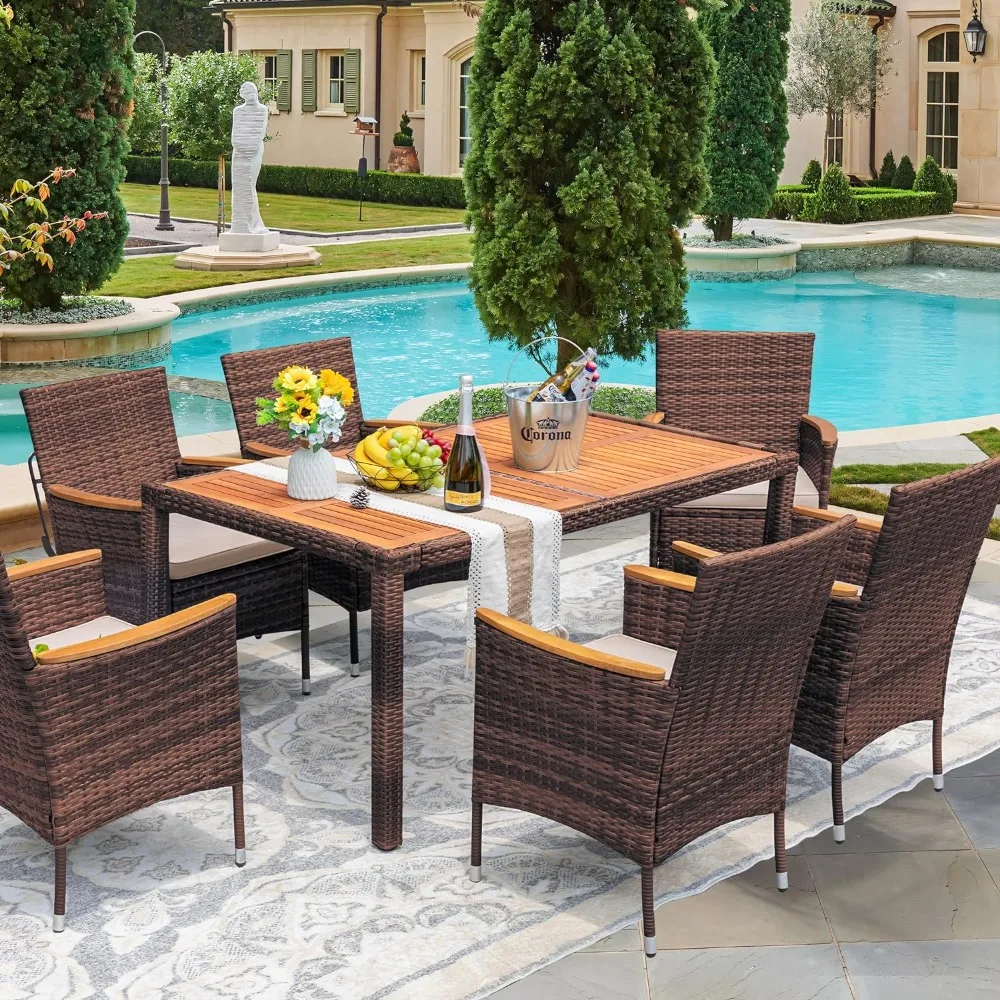 

Outdoor Dinings Table Chair Set, with Acacia Wood Table Top, Beige Cushion and Brown Rattan,7 Piece Garden Dining Table Sets