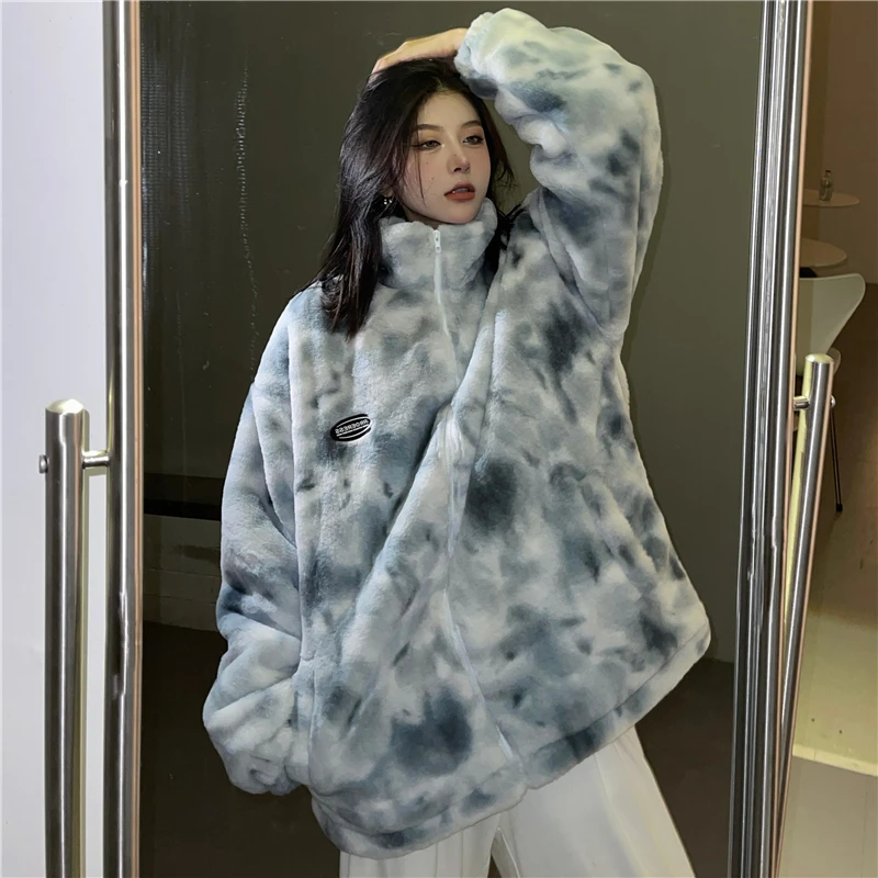 

Kawaii Fleece Tie Dye Warm Plush Jackets Winter Zipper New Harajuku Casual Outerwear Loose Stand Collar Couple Hip Hop Clothing
