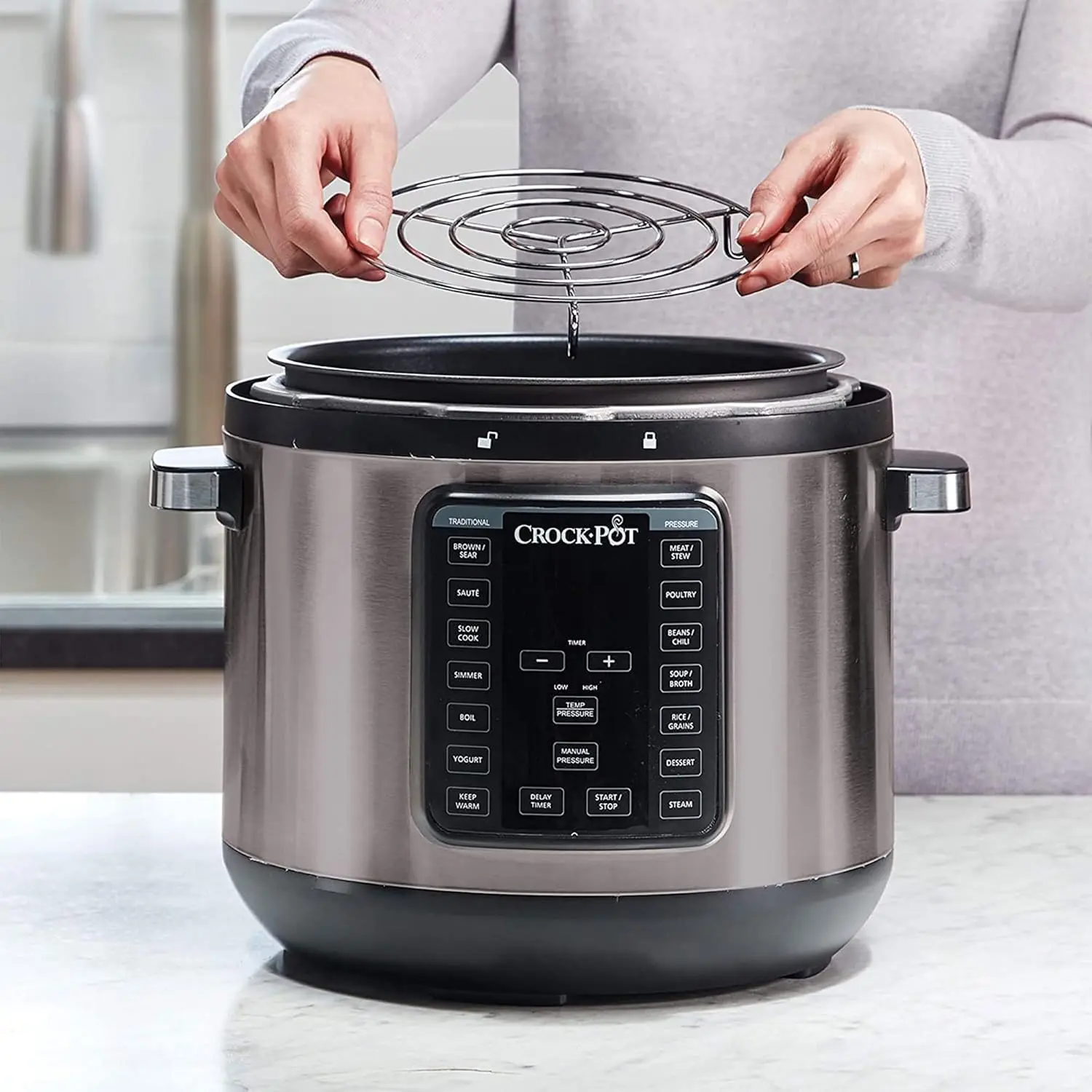 8-Quart Multi-Use XL Express Crock Programmable Slow Cooker and Pressure Cooker with Manual Pressure, Boil & Simmer, B 3