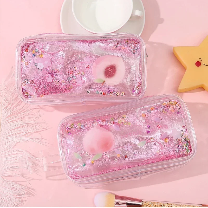 Kawaii-퀵 샌드 복숭아 연필 케이스, 대용량 가방, 투명 반짝이 케이스, 소녀용 펜 박스, 1 개