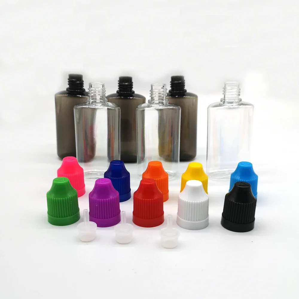 100pcs 30ml Clear/Black PET Plastic Square Flat Dropper Bottles Long Tip Cap Empty Liquid Dropper Squeezable Refillable Bottles