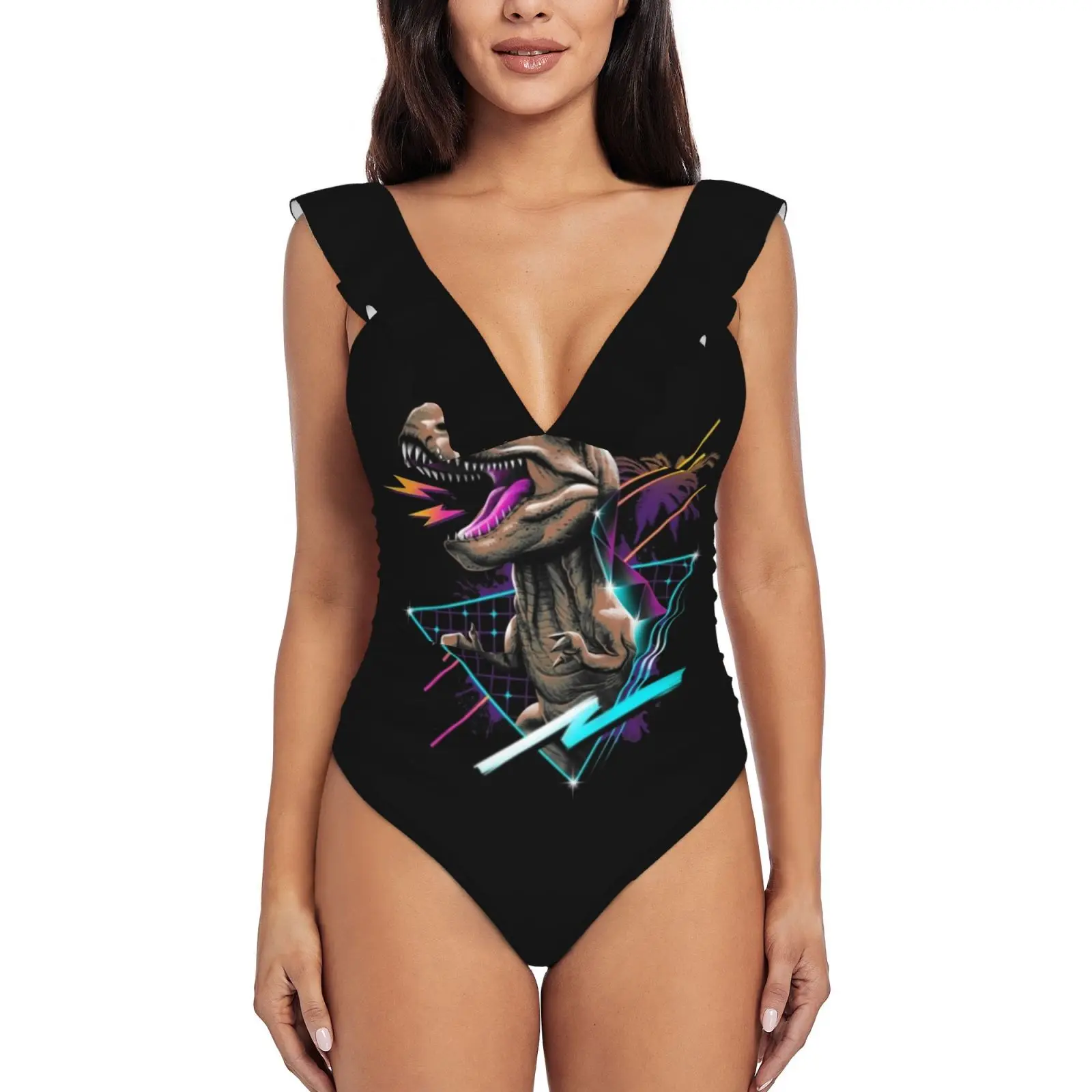 Rad T-Rex Ruffle Swimwear Women One Piece Swimsuit Monokini Push Up Bathing Suit Beachwear Tyrannosaurus Rex T Rex Dinosaur