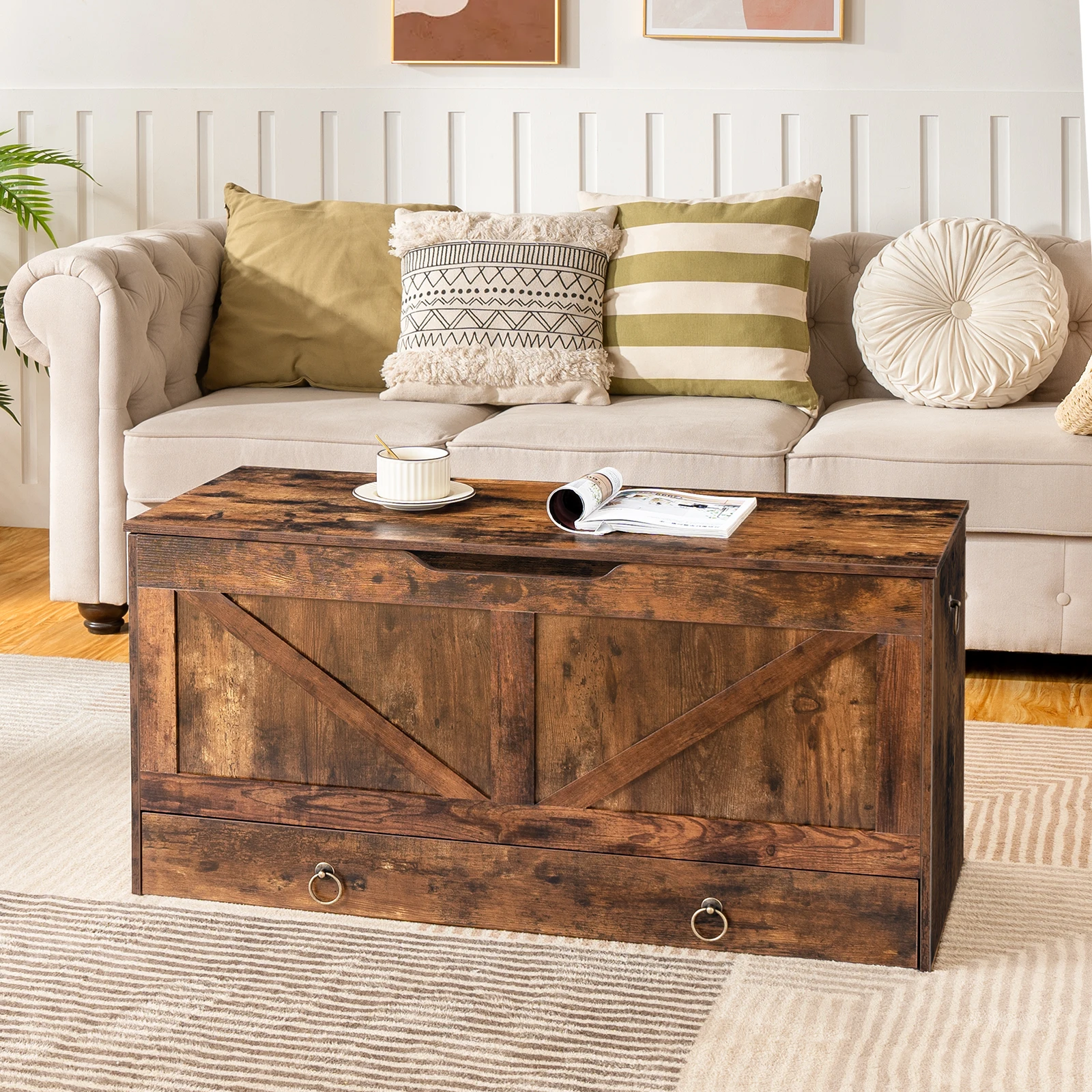 Storage Chest, 39.3" Toy Chest with Drawer, Wooden Storage Bench, Sturdy Entryway Bench Supports 220 lb, Shoe Bench, Safety Hing