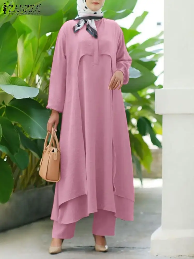 ZANZEA Muslim Abaya Suit Autumn Fashion Matching Sets Women Long Sleeve Blouse Pants Sets Urban Tracksuits IsIamic Dubai Outfits