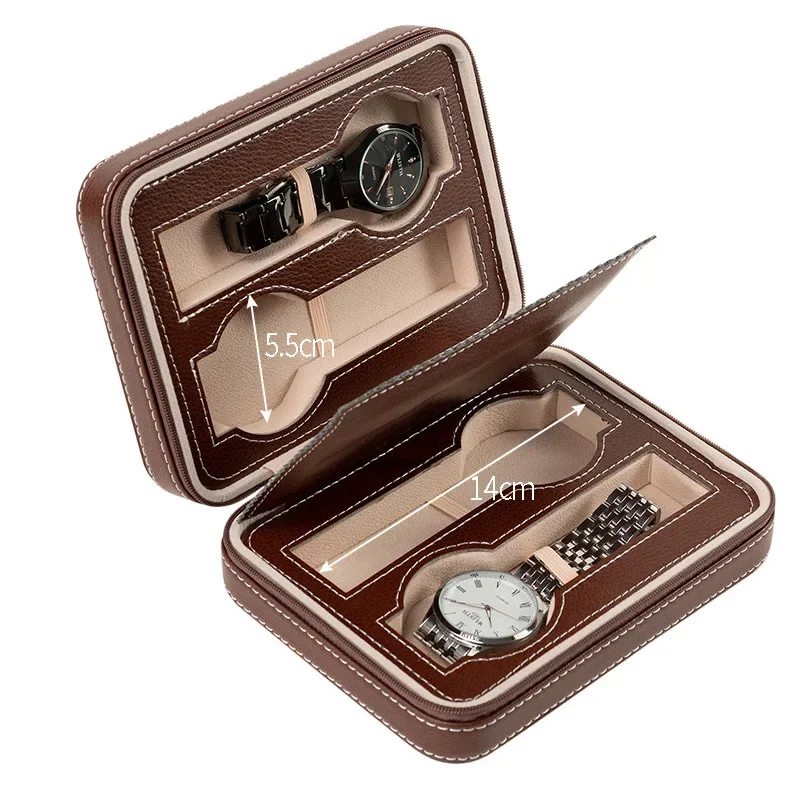 Watch Box Storage Case Display 2/4/8 Slots Dustproof Embedded Zipper Portable PU Leather for Trips and Gifts