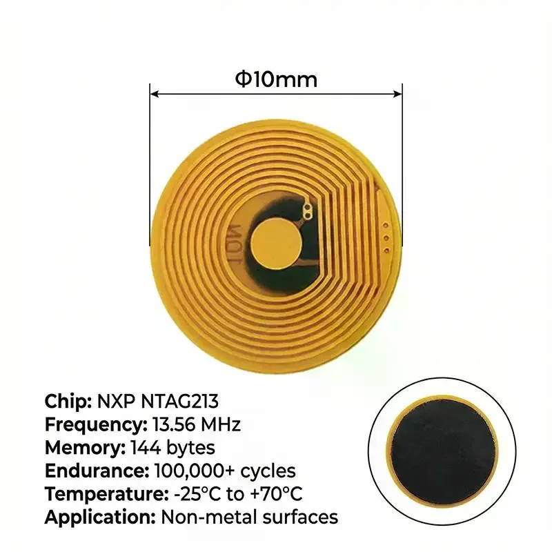 10pcs 10mm 직경 고온 RFID NFC FPC 태그 NXP NFC213 미니 카드 13.56MHz 가짜 방지 금속 방지 패시브 RF 카드