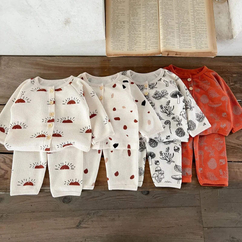 

New Autumn baby waffle pajamas sets floral outfit Boys single-breasted cardigan pants 2PCS Toddler girl suit Home Wear