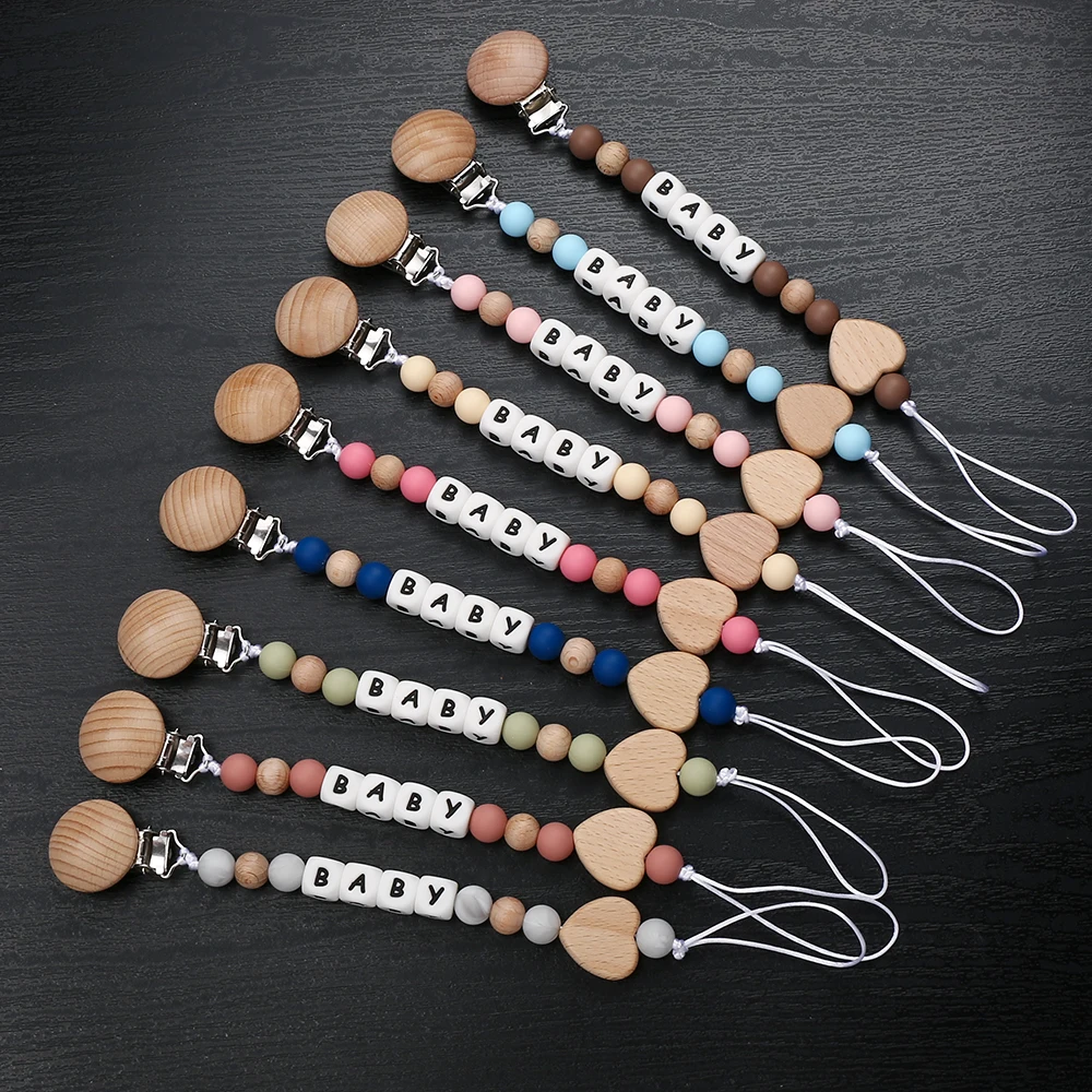 Personalized Name Baby Pacifier Clips Chains Heart Silicone Beads Teethers Dummy Nipple Holder Clip Newborn Chew Teething Toys