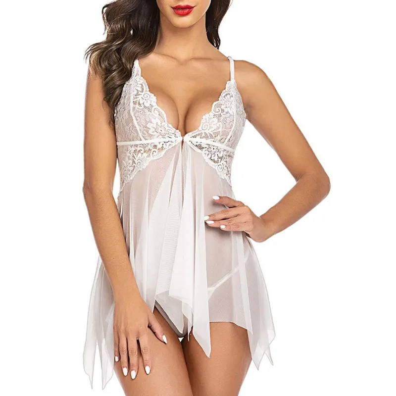 Transparent Erotic Open Pajamas Set Porn Lace Tulle Dress Lingerie Women Open Crotch Sleepwear Temptation Black Sexiest Nighties