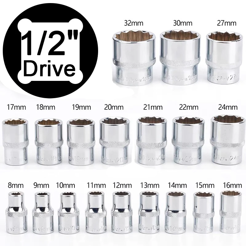 

1Pcs 1/2" Square Drive 12-point Socket Bit Ratchet Wrench 12pt Sockets Hand Tool Kit with 12 Angles Plum Blossom Sleeve 8-32mm