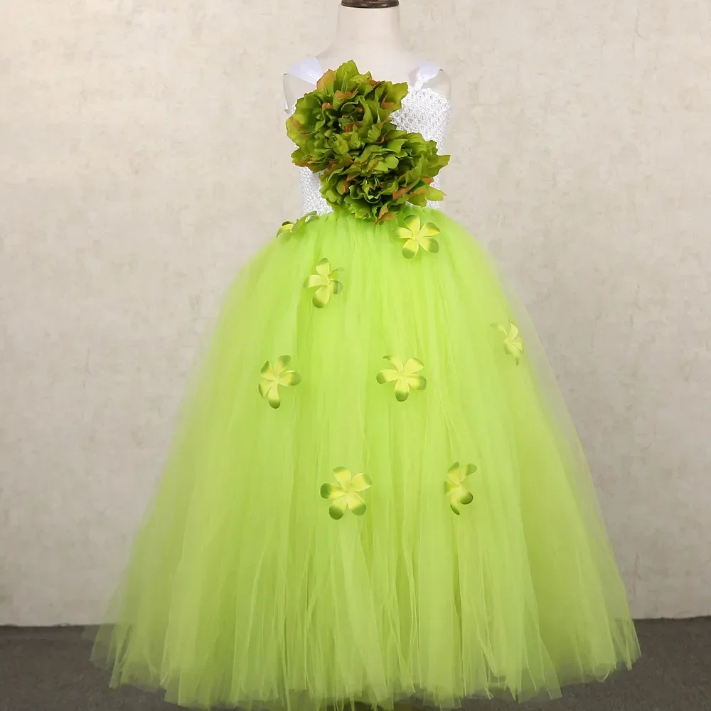 thumbnail image 1 of Vestido de tul con flores para niñas, color verde, naranja y rosa, para desfiles de cumpleaños, fiestas de princesas, bodas y niñas, 1 of 5