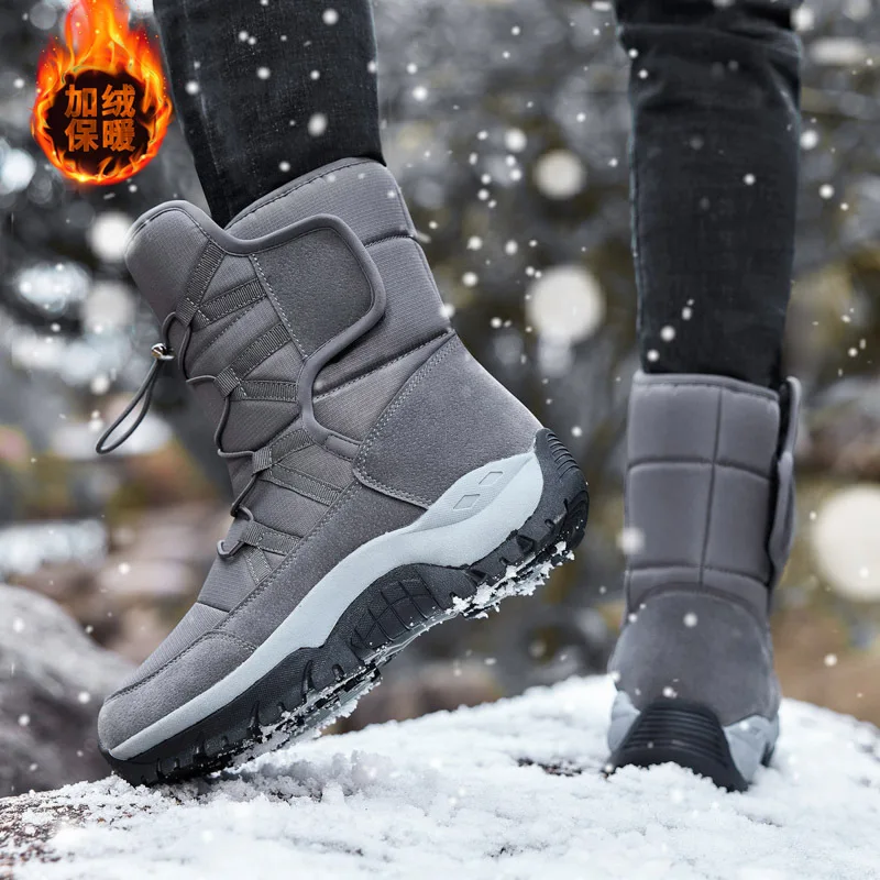 High quality mid calf leather snow boots for women 2023 winter size 41 42 hiking outdoor mountain plush warm shoe - beige purple