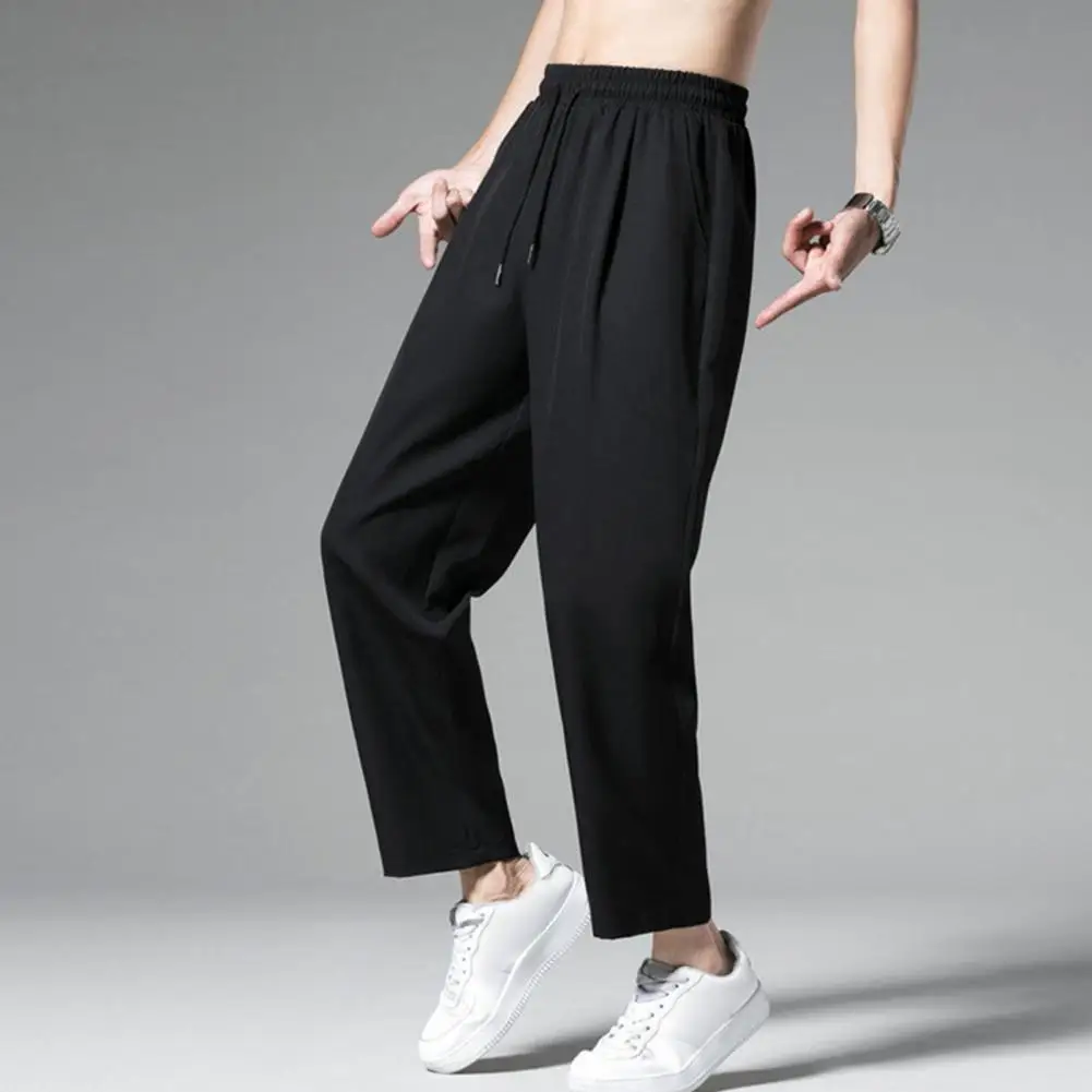 Men's Casual Ankle-Length Pants Solid Color Straight Wide-Leg Trousers Elastic Waist Ice Silk Breathable Quick-Dry Baggy Cargo S