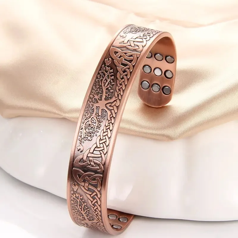 Pure Copper Cuff Bracelet Bangle Tree of Life Carving Design Magnetic Bracelets For Men With 3500 Gauss Magnets Adjustable Size 5