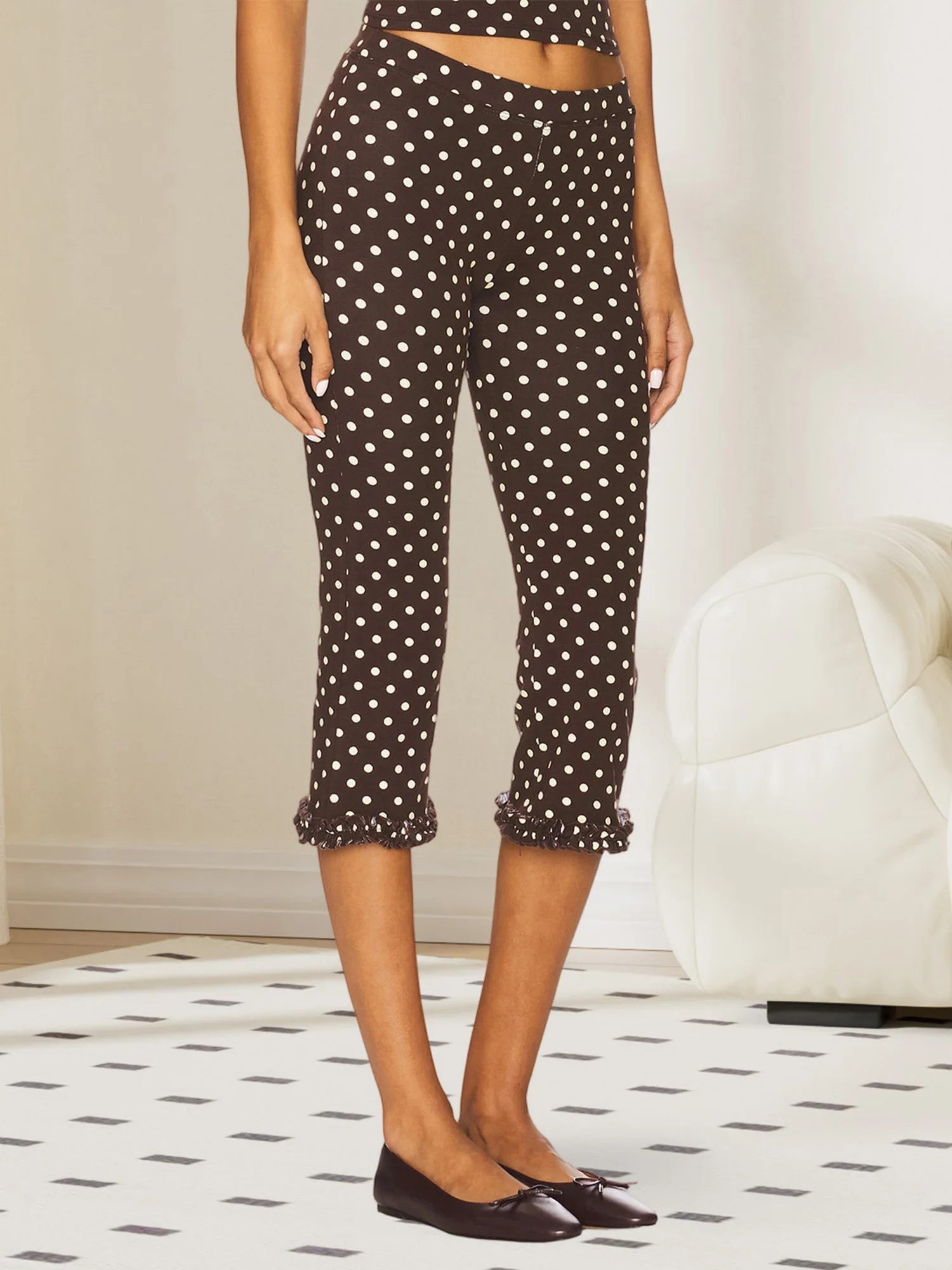 Women Retro Solid/Polka Dot Printed Capris Cute Low Rise Stretchy Cropped Pants Skinny Ruffles Cropped Capri Going Out Leggings