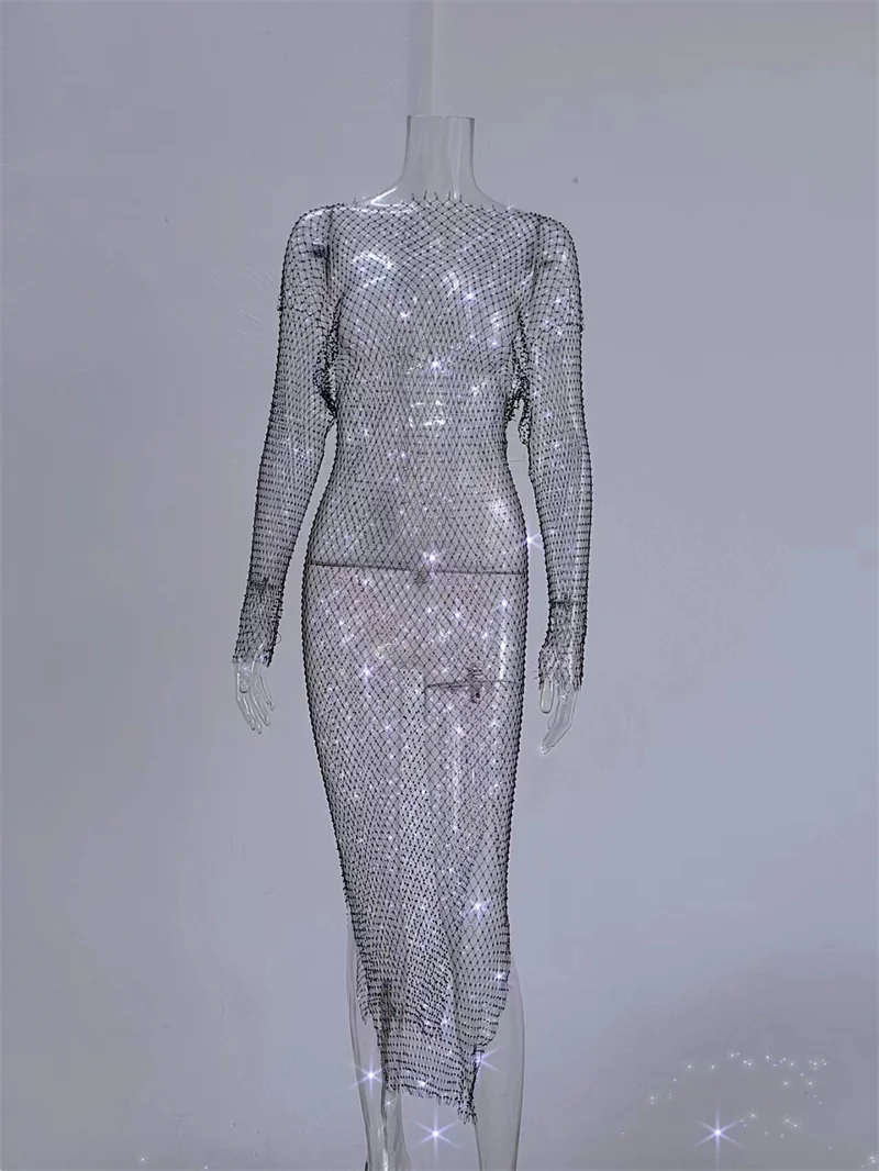 Maxi-langes Kristall-Diamant-Kleid mit ausgehöhlten Strasssteinen, Clubwear, Strand, durchsichtige Partykleider, transparentes Netz-Kleid – Detail 6