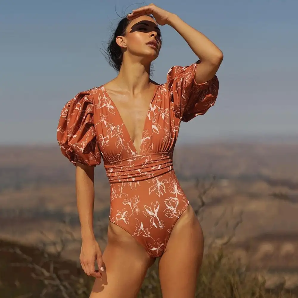 2022 New Swimsuits With Short Puff Sleeves Square Neck Holiday Beachwear Bathing Suit Solid Color Backless Monokini