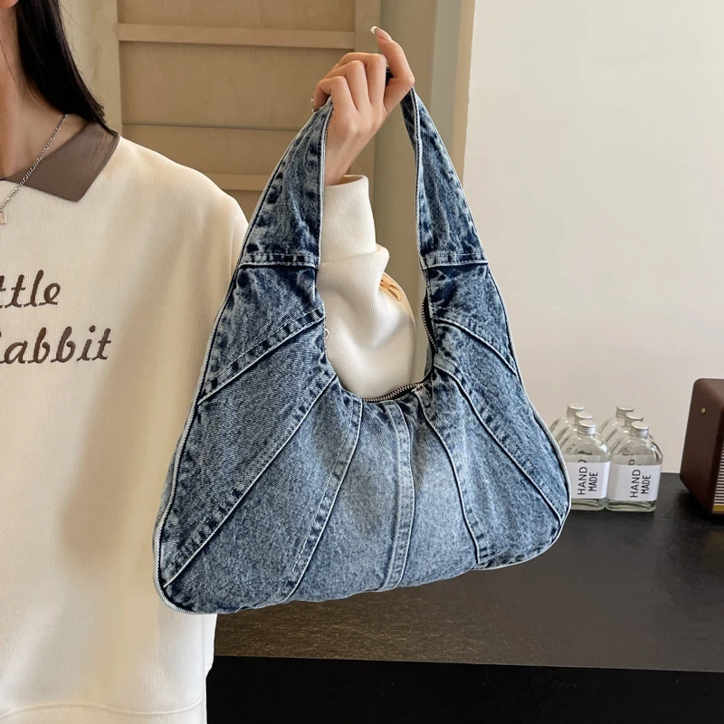 2024 New Denim Shoulder Bags For Women Simple Blue Canvas Casual Totes 100% Cotton Pastoral Packages Korea Style Cloth Handbags