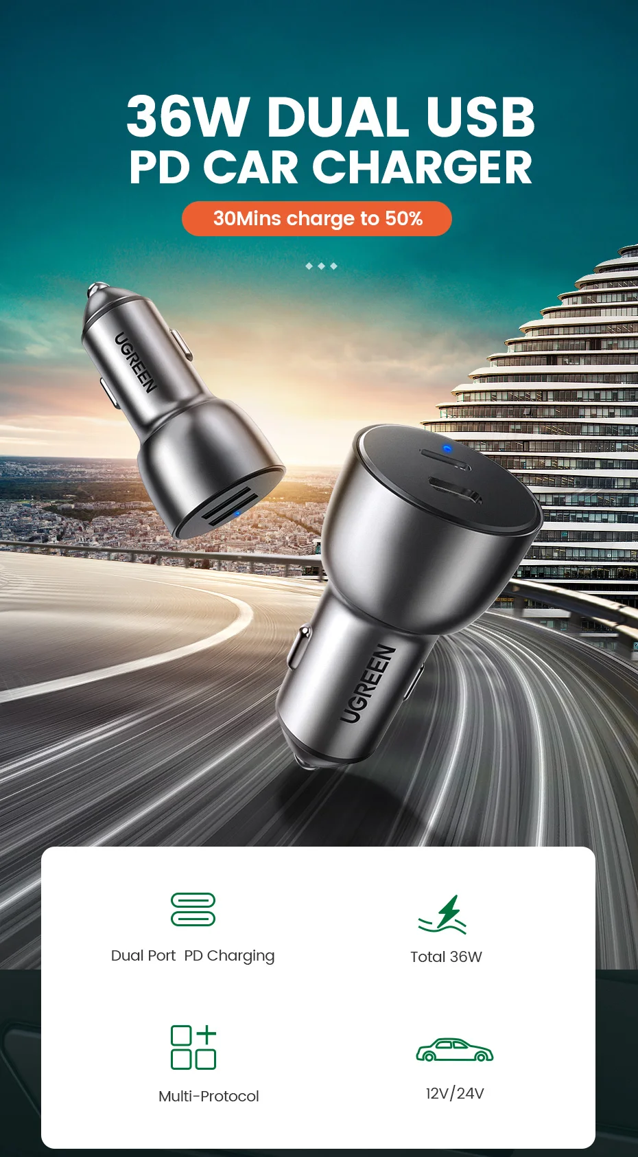 شاحن سيارة يو اس بي سريع الشحن 36 وات من Ugreen شاحن سيارة 4.0 3.0 QC لهواتف شاومي QC4.0 QC3.0 Type C PD شاحن سيارة لايفون 11 X Xs 8 PD