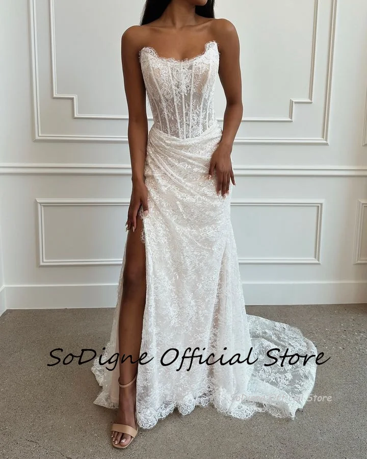 SoDigne Mermaid Lace Wedding Dresses Strapless Sleeveless Bridal Dress Customized Women Split Long Wedding Gown 3