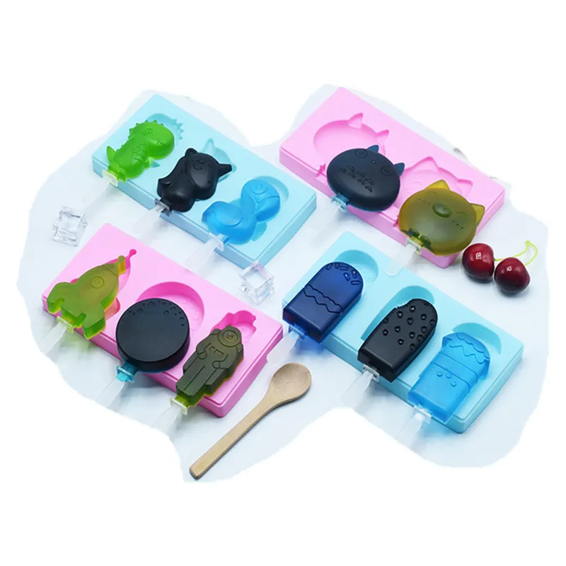 

1pc Food Grade Silicone Ice Cream Mold with Lid and Plastic Stick Ice Cream /Popsicle Maker Cartoon Animals Shaped For Kids